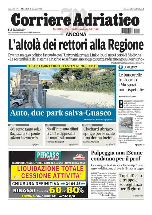 Prima-pagina-corriere adriatico-edizione-di-oggi-15-01-2025